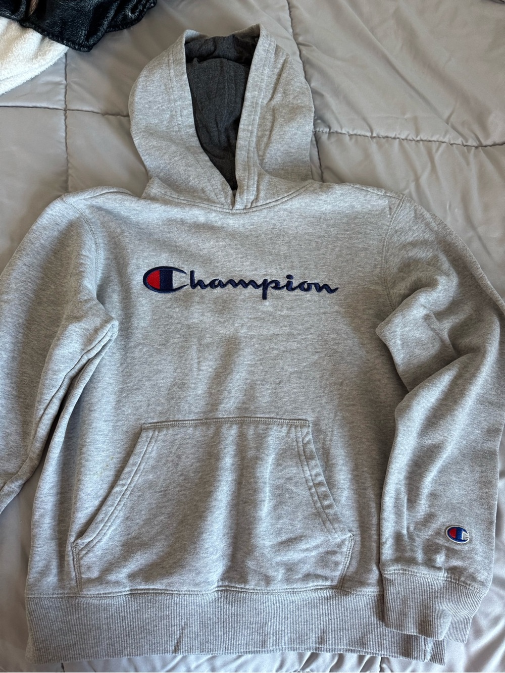 Champion Grey Pullover Hoodie with Navy Script
